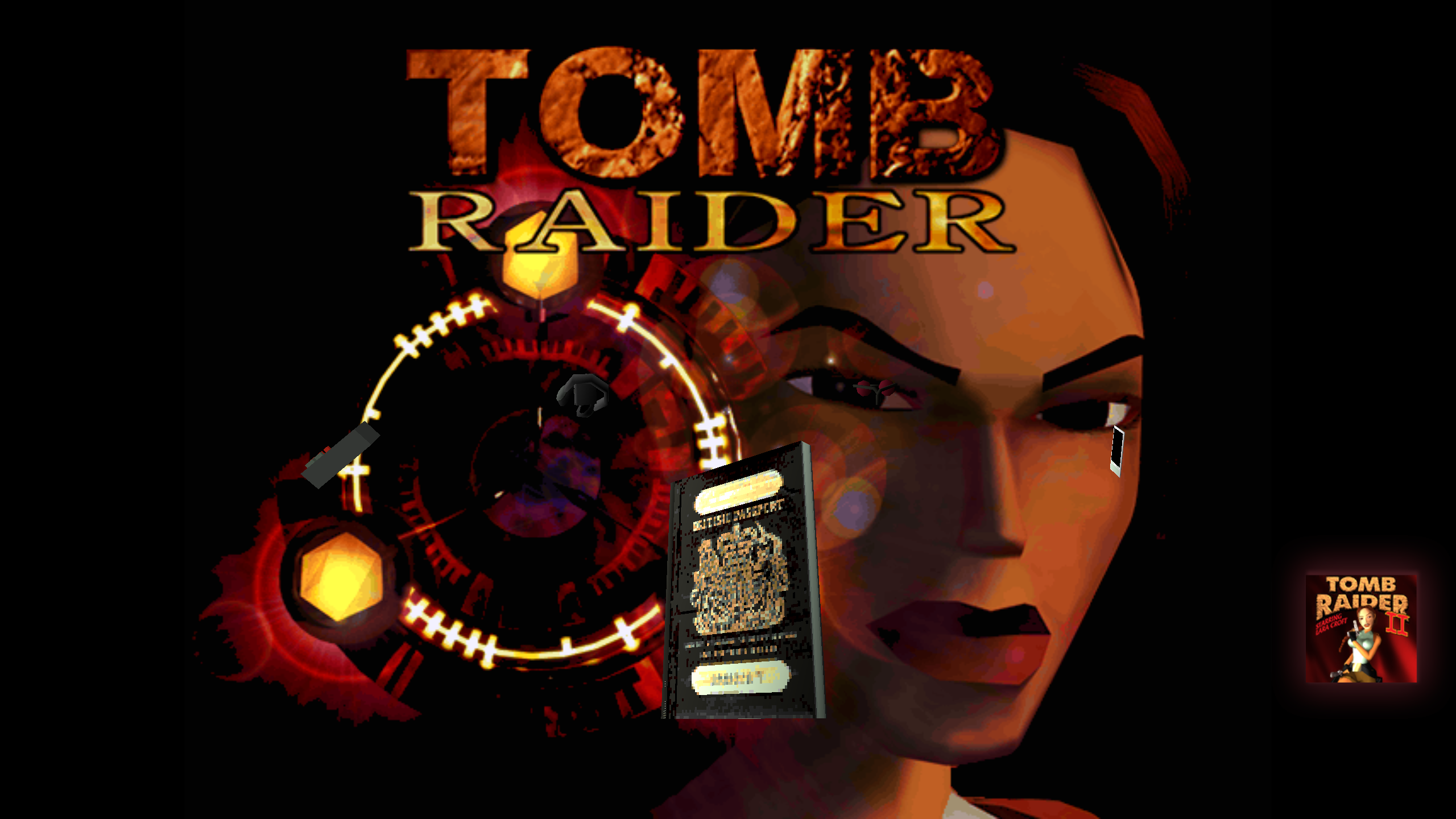 The title screen of Tomb Raider, with a 3D passport icon centered