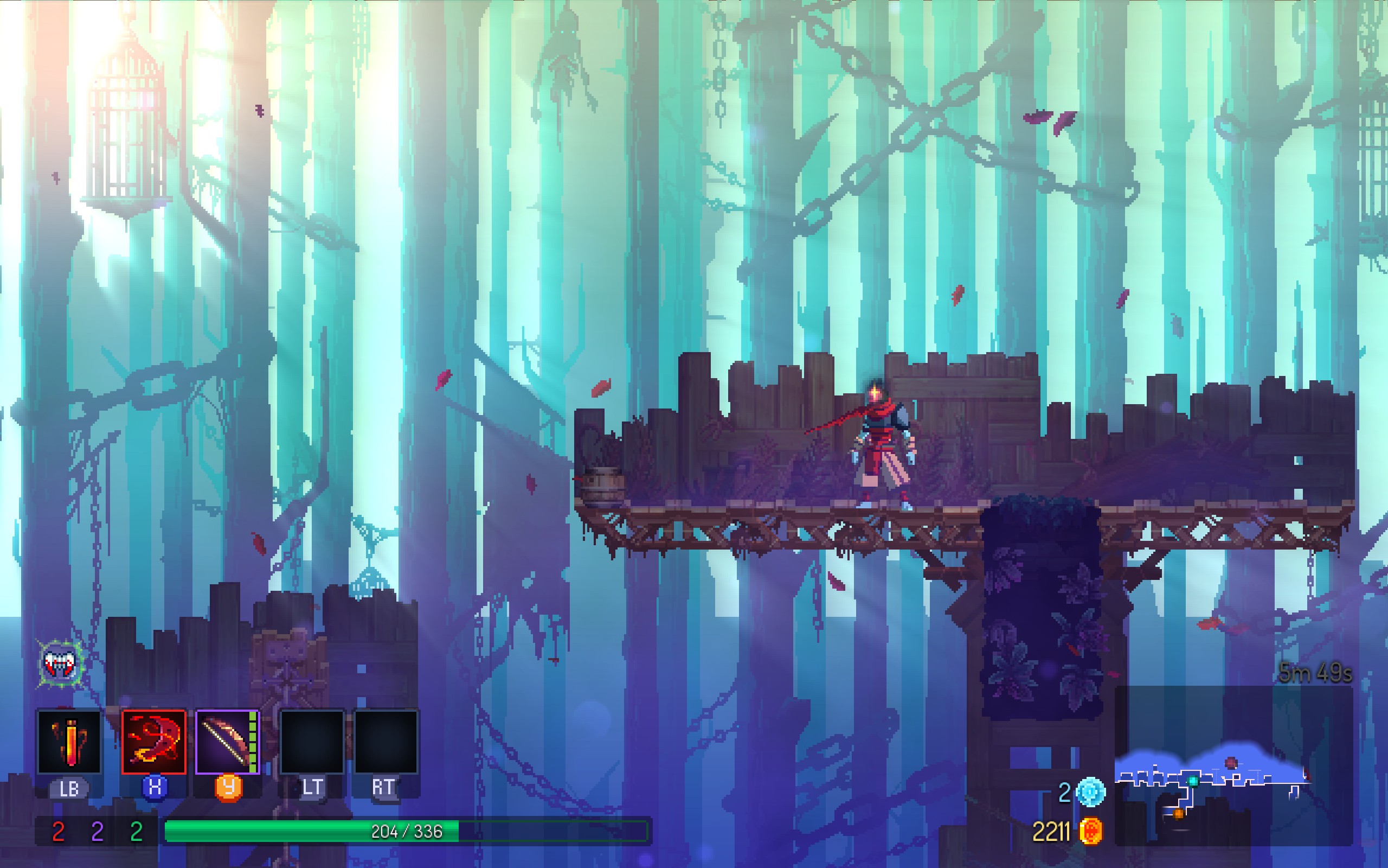 A gloomy forested area with morning sunlight streaming in, showcasing Dead Cells' art